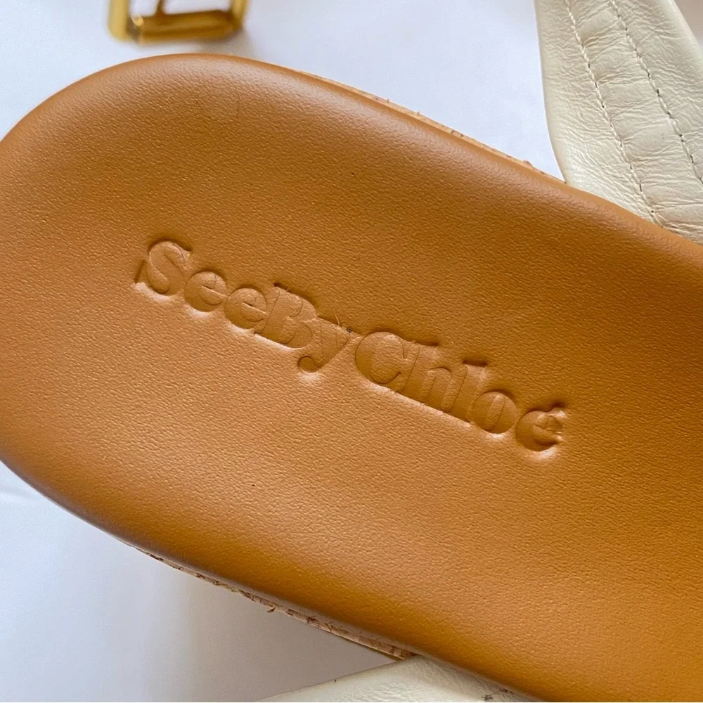 SEE BY CHLOE ROBIN BROWN TAN WHITE ANKLE WRAP BICOLOR PLATFORM WEDGE SANDALS - Picture 11 of 14